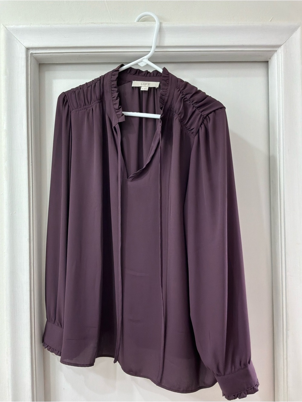 LOFT Women's Plum Tie-Neck Ruffle Yoke Blouse
